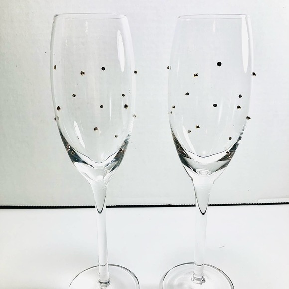 POTTERY BARN Gold studded Pair Of crystal champagne flutes - Picture 1 of 10